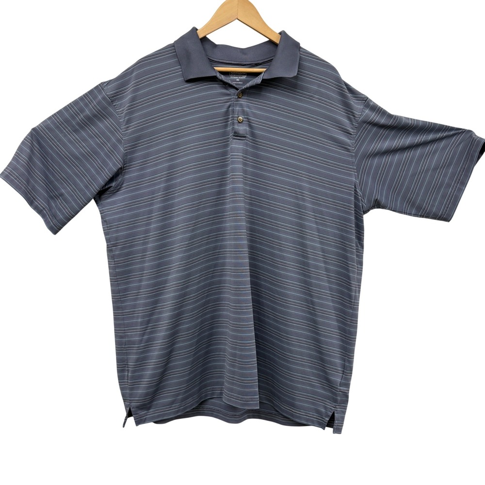Kirkland Signature Mens XXL Blue Striped Performance Polo Shirt Short Sleeve